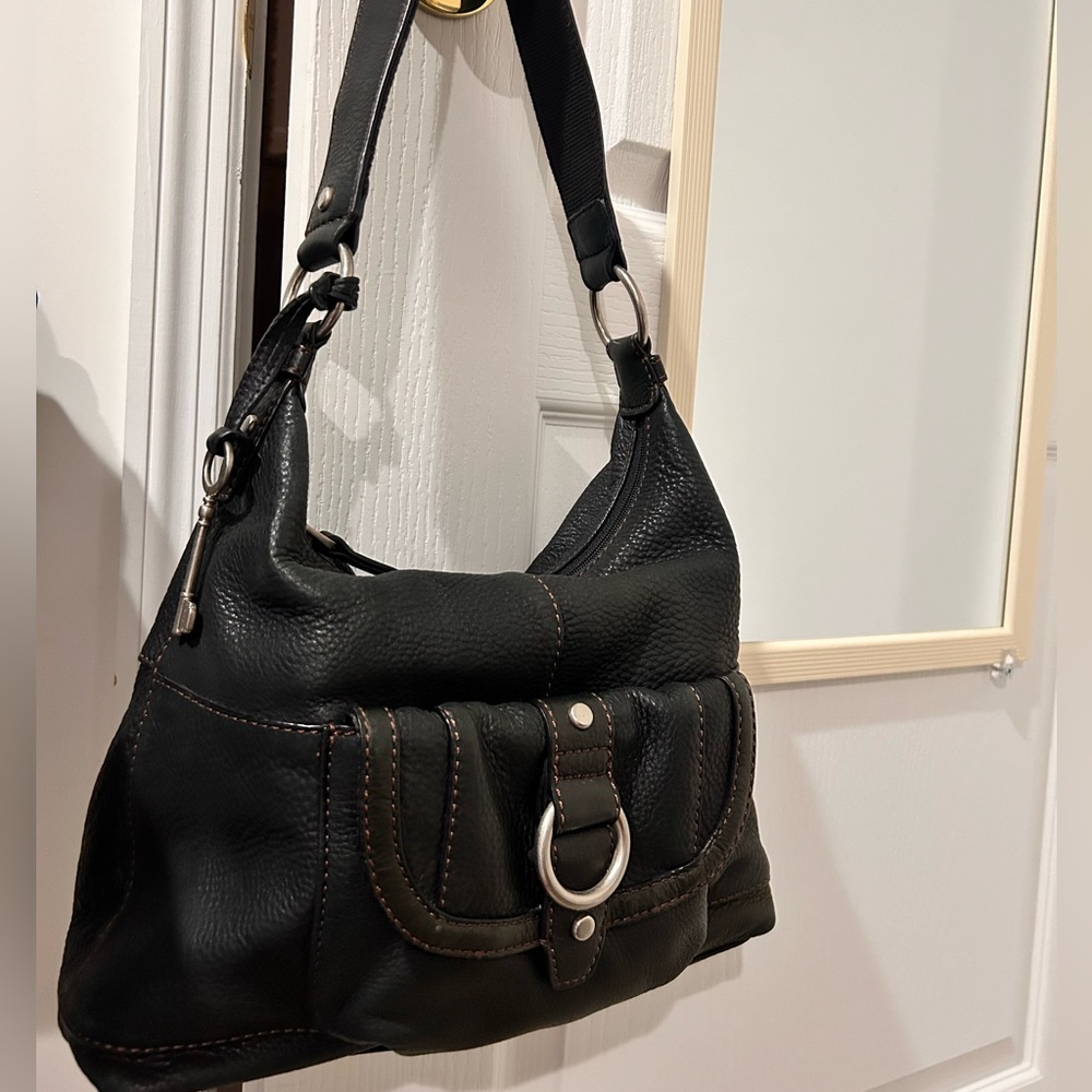 FOSSIL Vintage Black Leather Large Hobo Handbag Purse Bag